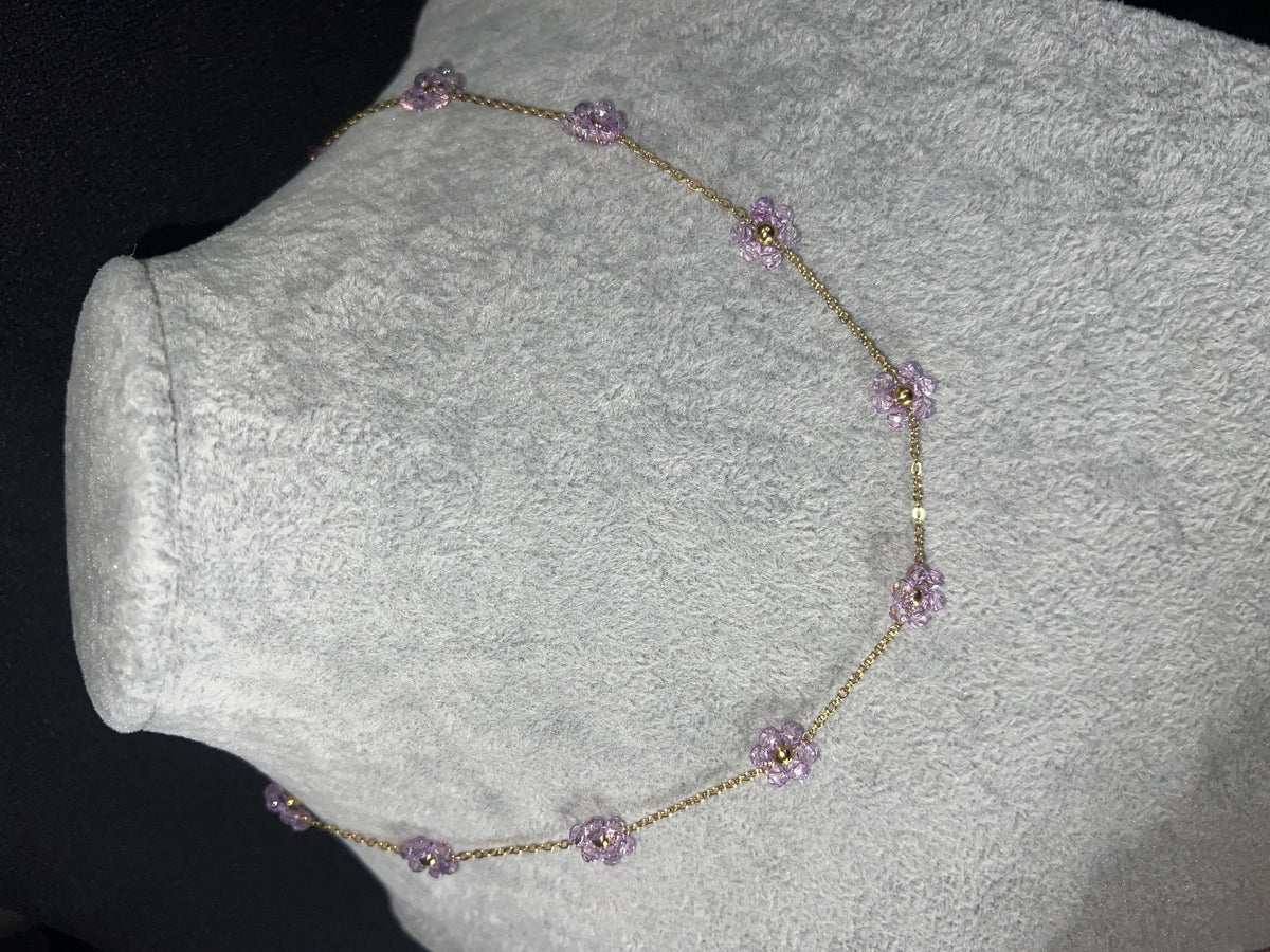 Purple Beaded Flower Necklace